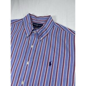Polo Ralph Lauren Shirt XL Custom Fit Short Sleeve Oxford Blue Red Stripe Mens
